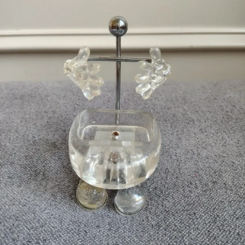 Vtg Lucite MCM Ring Jewelry Holder Hand Feet Glitter Chrome Stand Funky 70s